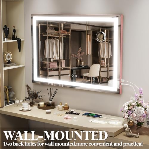 FENNIO Vanity Mirror with Lights 32''x22'' Makeup Mirror with Lights,Lighted Makeup Mirror with 10X Magnification and USB，Smart Touch Screen with 3-Color Lighting,Dimmable（Square Pink） - Image 4