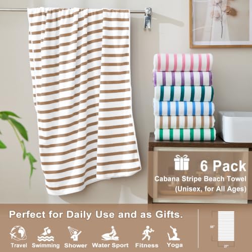 JML Microfiber Beach Towels Set, 6 Pack, 27" x 55", Cabana Stripe Coffee - Image 2