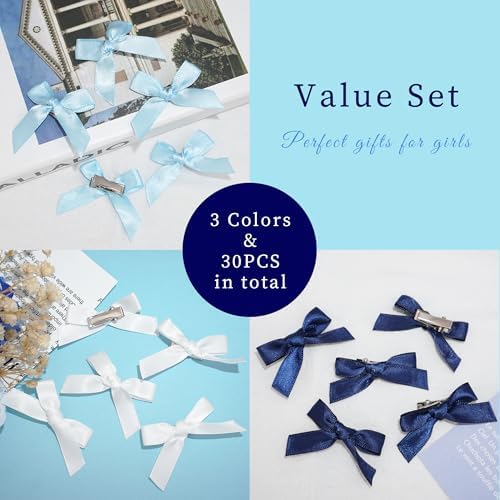 30PCS Bow Hair Clips Blue Satin Small Hair Bows Non Slip Hair Ribbon Coquette Hair Bows for Women Girls - Image 5