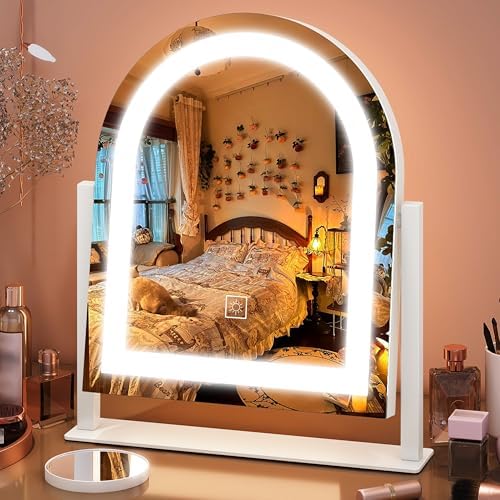 FENNIO Vanity Mirror with Lights 15"x13" Makeup Mirror with Lights, Lighted Makeup Mirror Touch Screen with 3-Color Lighting, 10X Magnification, Dimmable, for Vanity Desk Tabletop(White) by FENNIOLEDMIRRORS