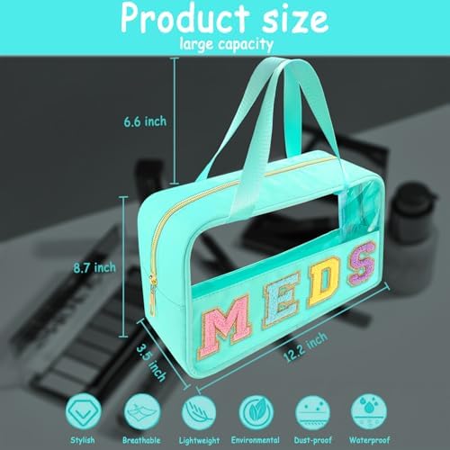 Bunliuys Chenille Letter Clear Makeup Bag Meds Patch, Travel Toiletry Makeup Bag with Handle, Nylon Waterproof Makeup Bags clear cosmetic bag, preppy patch makeup bag for Women (MEDS-Mint Green) - Image 2