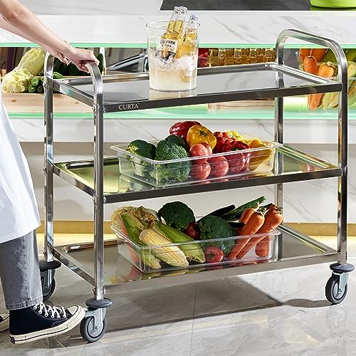 CURTA Stainless Steel Serving Trolley, 38" L x 20" W x 37" H 3 Tiered Shelf Kitchen Utility Cart, Rolling Casters Brake Wheel, Commercial Pro for Restaurant/Hotel/Lab/Clinic/Salon/Workshop - Image 3