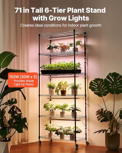 VEVOR Plant Shelf with Grow Light, 6-Tier Indoor Plant Stand, 71in Tall Plants Display Rack with Wheels & 4/9/14H Timer, 150W 3-Color Full Spectrum Grow Lights, Flower Pot Holder for Seed Starting - Image 2