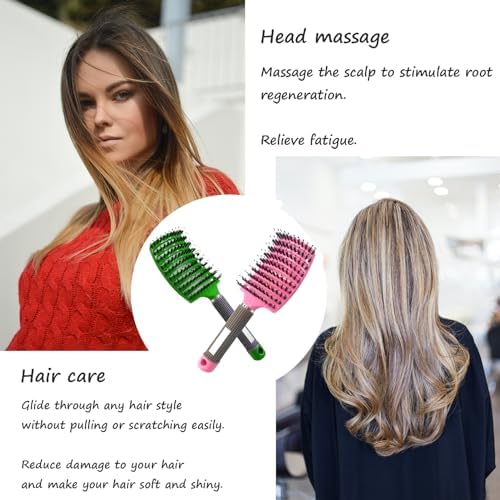 2 PACK Boar Bristle Hair Brush No Pull Curved Vented Hair Brushes Detangler Brush Fast Blow Drying Hair Brush for Kids Men Women Wet Dry Long Thin Thick Curly Tangled Hair (pink+green) - Image 4