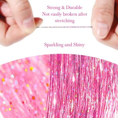 Hair Tinsel 8 Packs 1600 Strands 50 Inch Tinsel Hair Extensions Deep Rose Red Heat Resistant Glitter Sparkling Shinny Fairy Hair Accessories for Women(Deep Rose Red, 50Inch) - Image 3