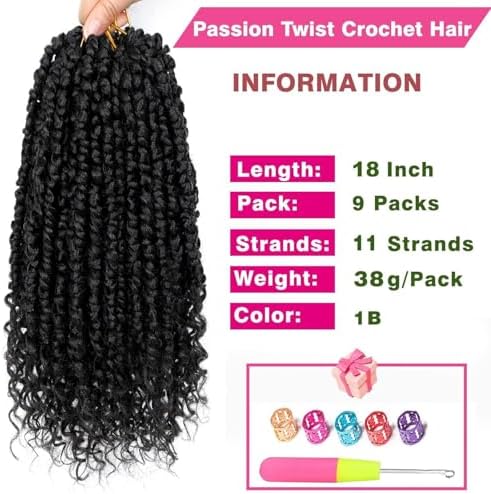 9 Packs Passion Twist Crochet Hair 18 Inch Pre-twisted Passion Twist Hair Pre Looped Crochet Passion Twist Hair Bohemian Passion Twist Crochet Hair for Women Girls and Kids (18Inch,1B) - Image 3