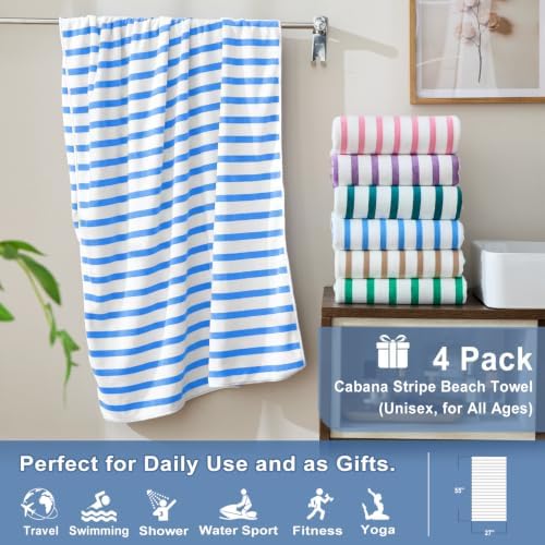 JML Microfiber Bath Towels with Loop, 4 Pack, 27" x 55", Cabana Stripe Blue - Image 2