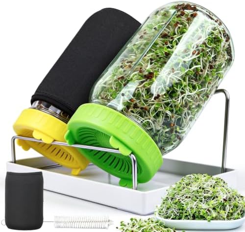 Seed Sprouting Kit - 2×32 Oz Wide-Mouth Mason Jars with Sprouter Lids, Stand, Sprout Tray & Light Shield, for Broccoli, Alfalfa, Mung Beans & Microgreens (Yellow + Green) by HOME