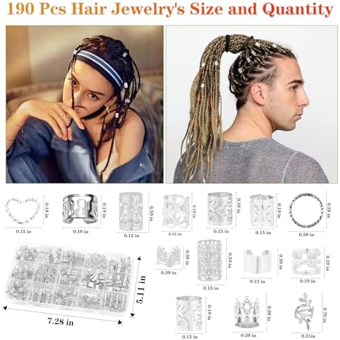 190 Pcs Hair Jewelry for Braids,Gold Hair Jewelry for Braid Accessories,Loc Jewelry for Hair Dreadlock with Ring Cuffs Clips Charm Dreadlock Accessories Hair Decorations for Men Women Girl (Silver) - Image 2