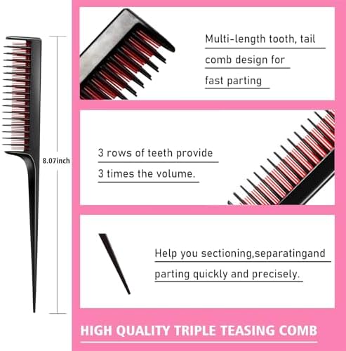 8 Pieces Styling Comb Set - Teasing Brush, Rat Tail Comb, Edge Brush for Slicking and Combing Hair for Women (Pink) - Image 5