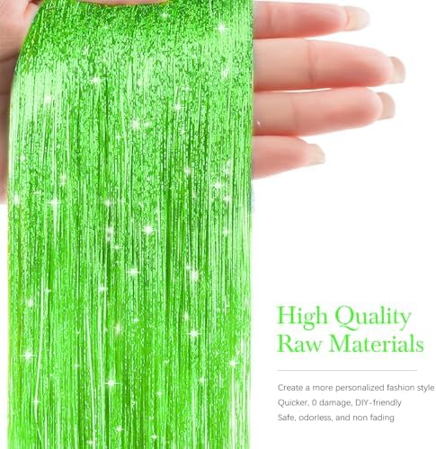 Hair Tinsel 8 Packs 1600 Strands 50 Inch Tinsel Hair Extensions Light Grass Green Heat Resistant Glitter Sparkling Shinny Fairy Hair Accessories for Women(Light Grass Green, 50Inch) - Image 2