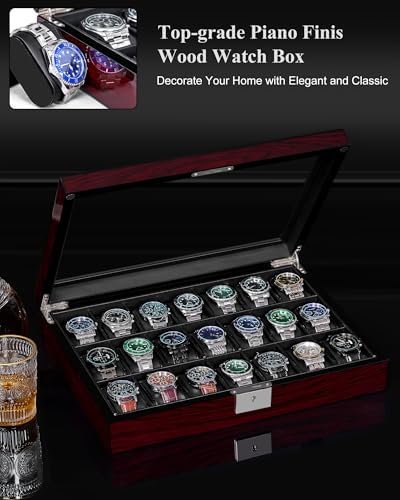 High End 21 Slot Watch Cases for Men, Piano Paint, Lockable Large Glass Lid - Image 4