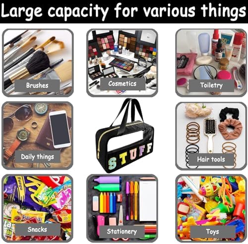 Bunliuys Chenille Letter Clear Makeup Bag Stuff Patch, Travel Toiletry Makeup Bag with Handle, Nylon Waterproof Makeup Bags clear cosmetic bag, preppy patch makeup bag for Women (STUFF-Black) - Image 5