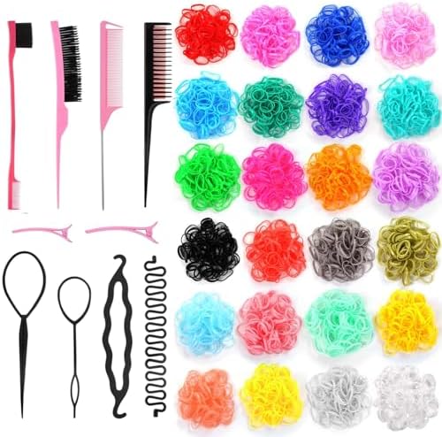 Evatage 2400 Pcs Mini Hair Elastics with Hair Styling Tools Kit by Evatage