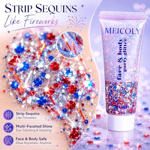 MEICOLY Red White and Blue Hair Glitter with Ribbon Strip Sequins,Patriotic 4th of July Face Glitter Accessories Outfit,Self-Adhesive Waterproof Fourth of July Sparkle Body Glitter for 2026 World Cup - Image 4