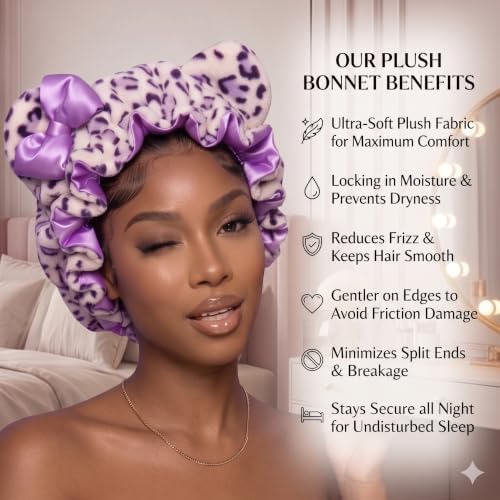 Luxury Lavender Plush Satin Lined Bonnet for Women, Sleep Hair Bonnet for Curly Natural Hair, Braids & Locs, Adjustable Night Cap for Frizz Control - Image 5
