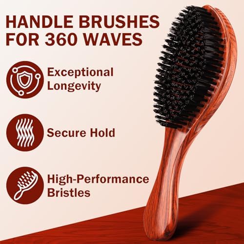 Handle Brushes for 360 Waves - Hard Wave Hair Brushes Wave Styler Great for Wolfing Wave Styler Brush Great for Black Hair - Boar & Nylon Bristle Curve Wave Brush for Barbers & Daily Use (Red) - Image 4