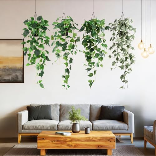 Artificial Hanging Plant with Pots, Fake Pothos Plant for Indoor Outddor, Set of 4 Trailing Faux Potted Plants, Fake Ivy Vines Greenery for Bedroom Kitchen Office Decor, Green White 33In - Image 6