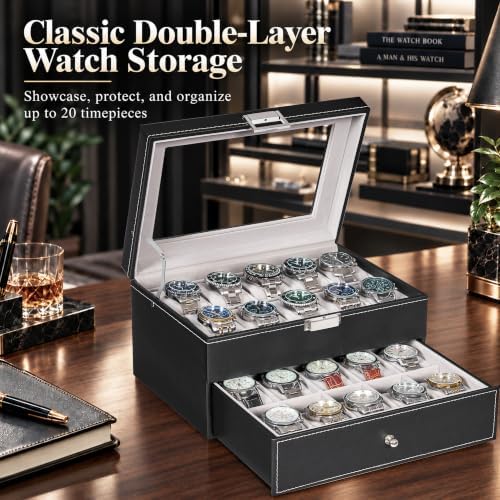 BEWISHOME Watch Case, 20-Slot Watch Box Organizer with Large Glass Lid - Image 2