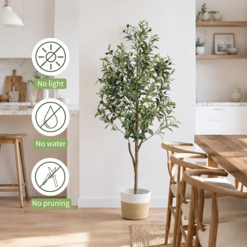 5Ft Artificial Olive Tree Indoor, Faux Olive Tree with Olive Fruits, Faux Tree in Woven Basket Fake Plant for Living Room Bedroom Office Home Decor - Image 3