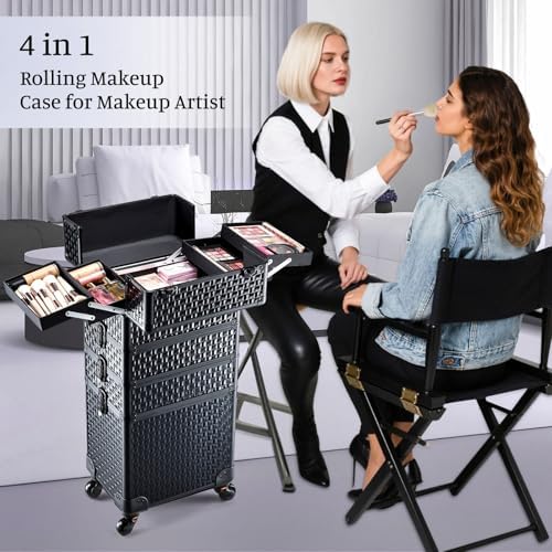 4 in 1 Rolling Makeup Trolley Train Case Cosmetic Suitcase Nail Tech Box for Makeup Artist, Hairstylists, Nail Tech Case with with Keys Swivel Wheels Traveling Trunk (Shiny Brick) - Image 4