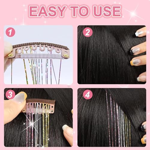 ZYXQZYX Hair Tinsel Kit Pack of 18 Pcs Hair Tinsel Clip in 19.6Inch Glitter Tinsel Hair Extensions Heat Resistant Clip in Hair Tinsel Sparkle Fairy Hair Accessories for Kids Girls Women (Red) - Image 4