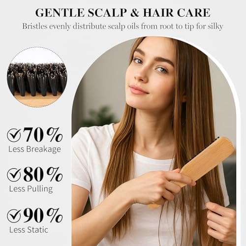 4Pcs Boar Bristle Slick Back Hair Brush Set, Soft Bristle Tames Flyaways, Frizz Shine, Gentle on Fine Hair & Scalp, with Rat Tail Comb & Edge Control for Sleek Ponytails, Buns, Teasing, Women Men Kids - Image 6