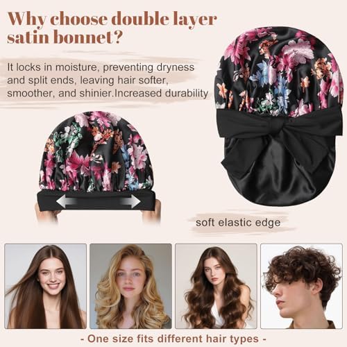 CHLINS Double Layer Satin Bonnet for Sleeping, Hair Bonnet for Curly Hair - Image 3