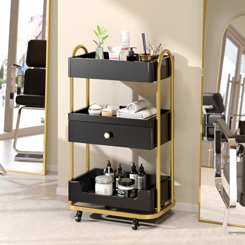 OmySalon Salon Trolley Cart, Hair Styling Station with 3 Trays & 1 Drawer, 2 Lockable Wheels, Esthetician Cart Mobile Storage Cabinet for Beauty Spa Barbershop, Black - Image 2