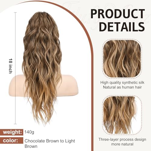 FLUFYMOOZ Ponytail Extension, 18 Inch Claw Clip Ponytail Extension, Wavy Curly Claw Clip in Ponytail Hair Extensions, Natural Ponytail Synthetic Hairpiece for Women (Chocolate Brown to Light Brown) - Image 2