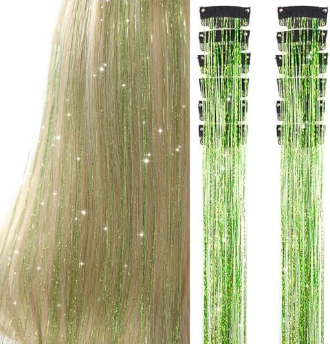 Hair Tinsel Pack of 12 Pcs Clip in Hair Tinsel 20 Inch Glitter Green Tinsel Green Hair Extensions, Festival Tinsel Fairy Hair Party Dazzle Hair Accessories Strands Kit(12Pcs,Grass Green#) by Umylar