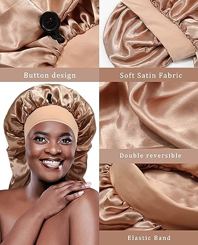 AWAYTR 2-Layer Satin Bonnet for Braids, Wide Band Long Sleep Cap Champagne - Image 6