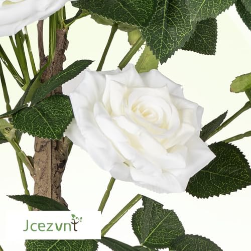 24’’ Artificial Rose Tree, 2 Pack Faux Rose Plants with White Flowers and Green Leaves, 2FT Silk Potted Tree for Indoor Outdoor Home Office Porch Garden Decor, White - Image 2