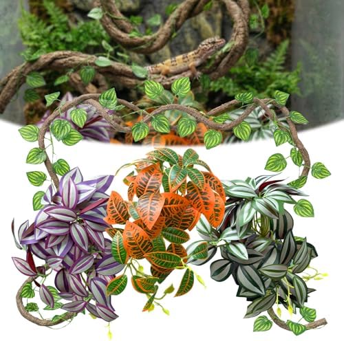 5 Pcs Reptile Plants & Habitat Decor Kit - 3 Artificial Hanging Plants & Large 3.3ft Jungle Vine Branch, Terrarium Tank Climbing Accessories for Crested Gecko, Bearded Dragon, Lizard, Snake, Chameleon by FuntinshdyBrand