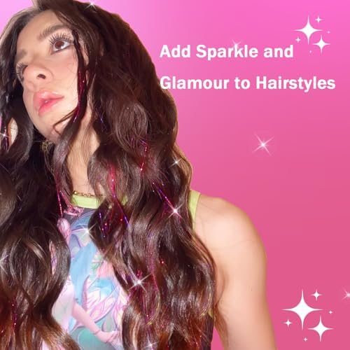 NIACONN Glitter Hair Tinsel Extensions Kit Pink with Tools and Beads, 48 Inch Sparkly Fairy Colorful Tensile Strands Shiny Hair Accessories for Women Girls Kids - Image 2