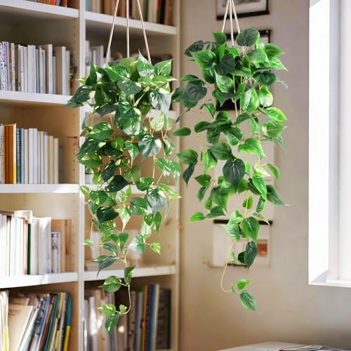 Fake Hanging Plants with Pots, 4PC Artificial Pothos Plant for Indoor Outdoor, Faux Ivy Vines Greenery, 33" Realistic Silk Plants for Wall Home Living Room Office Decor, Green - Image 6