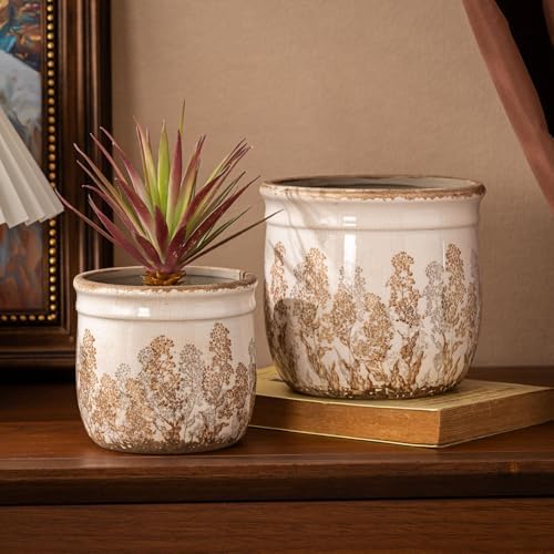 Ceramic Plant Pots Set of 2, 4.7+5.7 Inch Vintage Indoor Planters with Drainage Hole, Farmhouse Ceramic Flower Pots for Indoor Plants, Rustic Cottage Decor for Home Kitchen Garden, Brown - Image 2