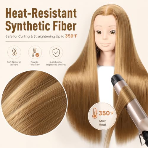 Headdoll 26"-28" Mannequin Head Styling Mannequin Head for Hair Styling and Free Table Stand Training Head Manikin Cosmetology Doll Head with Long Fiber Hair Hairdresser Practice Head for Stylist - Image 4