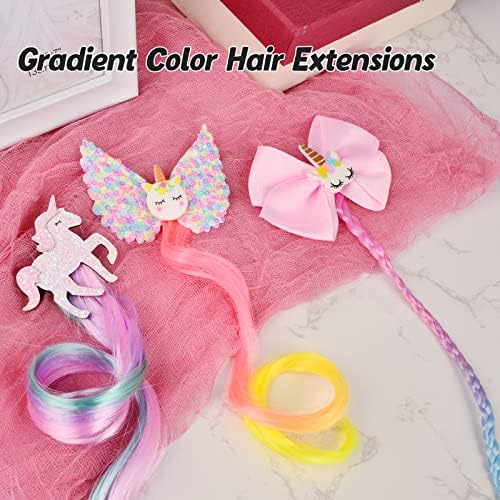Little World Hair Clips for Girls - 6 Pcs Curly Clip in Hair Extensions with Cute Unicorn Bow - 13in Gradient Color Hair Clips for Girls Clip On for Toddler Kids Girls Ponytails Accessories - Image 4