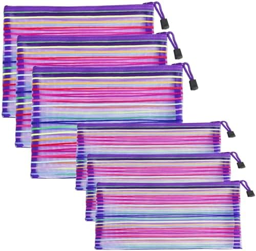 Mesh Bags with Zipper (6 Pack), Nylon Makeup Bag Cosmetic Pouches Travel Organizer Case for Purse Diaper Bag Home Organizing Striped Multi Size Purple by CarryEpic