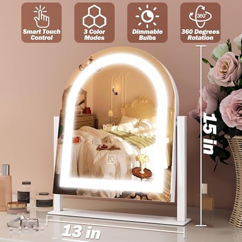FENNIO Vanity Mirror with Lights 15"x13" Makeup Mirror with Lights, Lighted Makeup Mirror Touch Screen with 3-Color Lighting, 10X Magnification, Dimmable, for Vanity Desk Tabletop(White) - Image 6