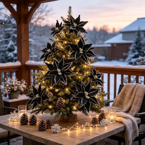Kimura's Cabin 6Pcs 11Inch Artificial Poinsettia Christmas Flower Set,Black - Image 6