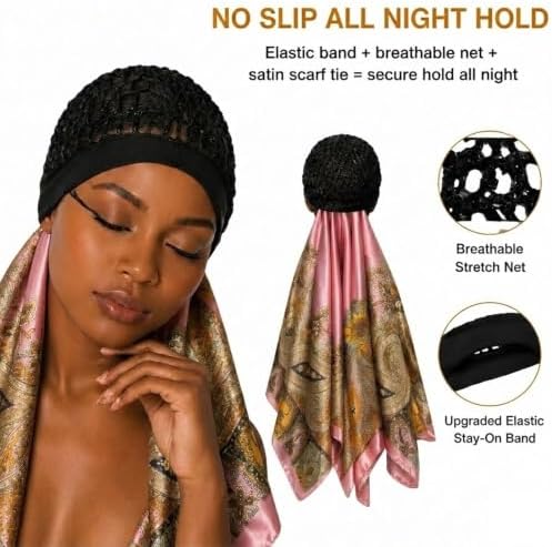 2 in 1 Wrap Cap Hair Net and Scarf for Silk Press, Satin Wrap Cap Bonnet for Women, Adjustable Stay-On Sleep Hair Net Scarf for All Hair Types - Image 2