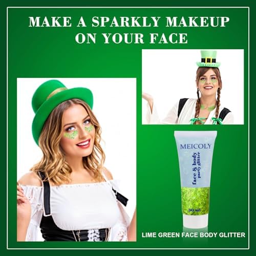 MEICOLY Lime Green Body Glitter for Halloween St Patricks Day, Holographic Game Day Spirit Day Face Glitter,Self-Adhesive Light Green Hair Glitter,Chunky Glitter Face Paint for Party Festival - Image 3