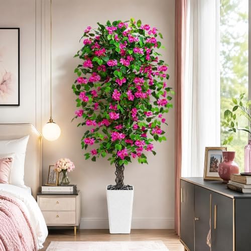 Artificial Bougainvillea Tree 6FT, Fake Tree with Flowers White Planter - Image 7