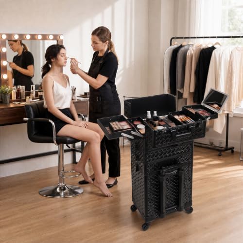 Rolling Makeup Train Case, 5 in 1, Professional Cosmetic Trolley (5, Black) - Image 2