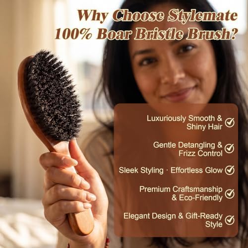 Stylemate Boar Bristle Hair Brush Smooth Shine Detangler for All Hair Types - Image 4