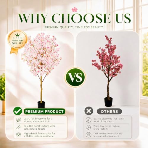 Artificial Cherry Blossom Tree, 6FT Tall Faux Pink Flower Tree with Black Pot, Realistic Silk Blossom Plant for Home Living Room Office Patio Decor, Indoor Outdoor Fake Floral Tree for Wedding Party - Image 5
