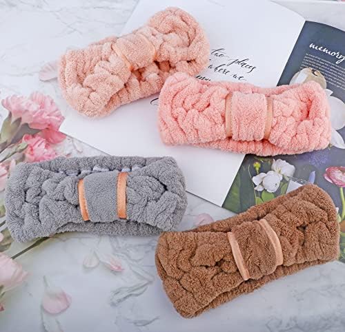 4 Pack Microfiber Towel Headbands for Washing Face, Spa & Skincare for Women (Coffee, Flesh Pink, Grey, Bright Red) - Image 4