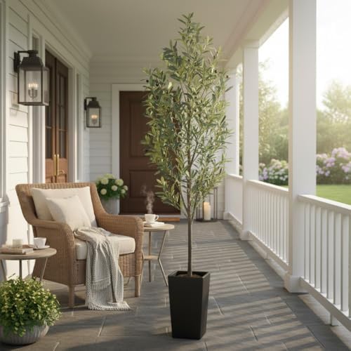 Aveyas 7ft Artificial Olive Tree for Home Decor, 7 ft Large Faux Plant Fake Skinny Silk Trees with Pot for Indoor Outdoor House Living Room Office (7 Feet Tall Including Raised Pot) - Image 3